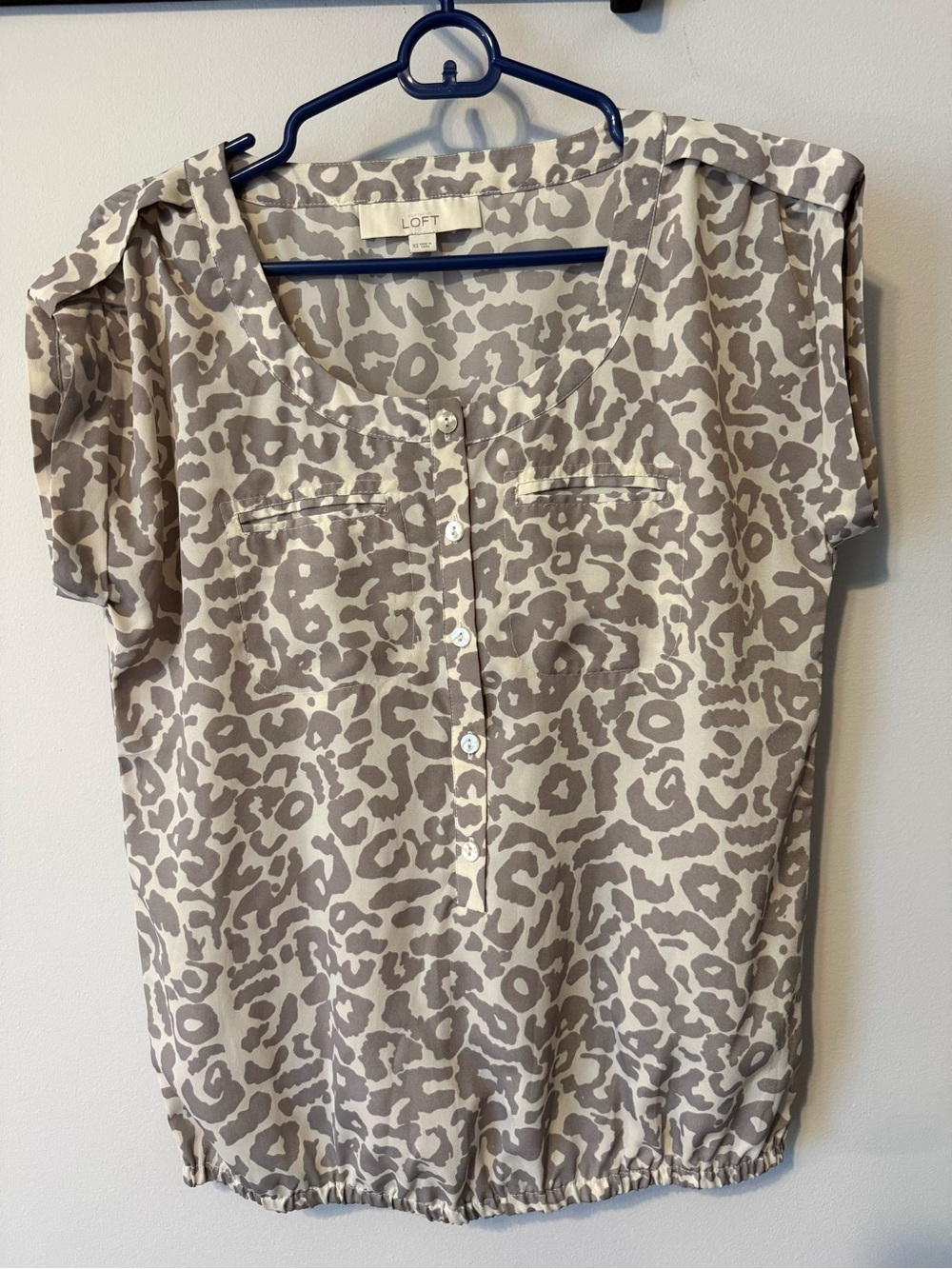 LOFT Beige and Cream Leopard-Print Short Sleeve Blouse